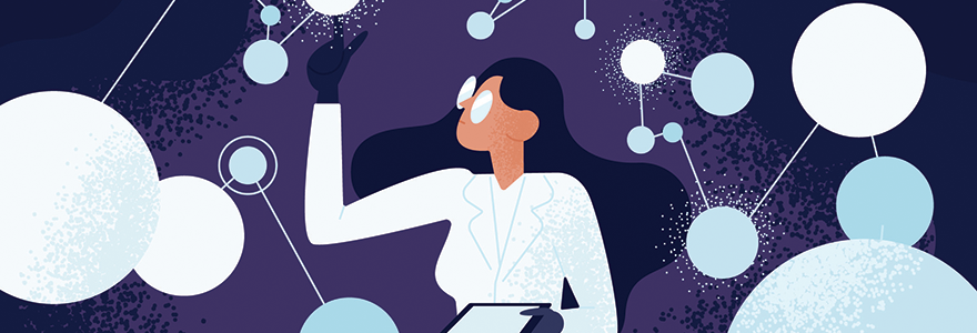 Illustration of a female scientist wearing a lab coat, surrounded by while and blue circles