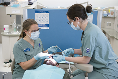 Photograph of a pair third- and fourth-year students working together in the clinic.
